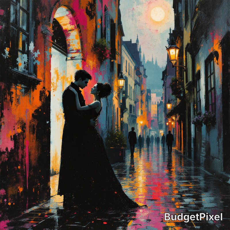 Silhouetted couple dancing in a vibrant, rain-slick city street at night with colorful walls and glowing streetlamps.