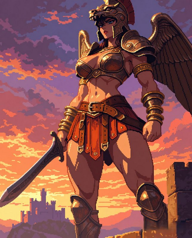 Powerful winged warrior woman in bronze armor with sword at sunset.