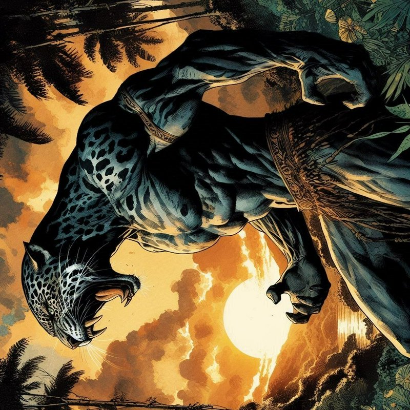 Dramatic stylized big cat (panther/leopard) leaping above jungle at sunset.