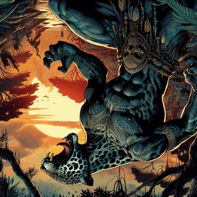 Mythic leopard-warrior figure with ornate armor in a jungle at sunset.
