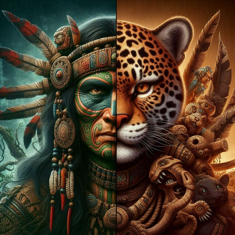 Split-image featuring a ceremonial tribal warrior on the left and a leopard on the right with ornate carvings and feathers.