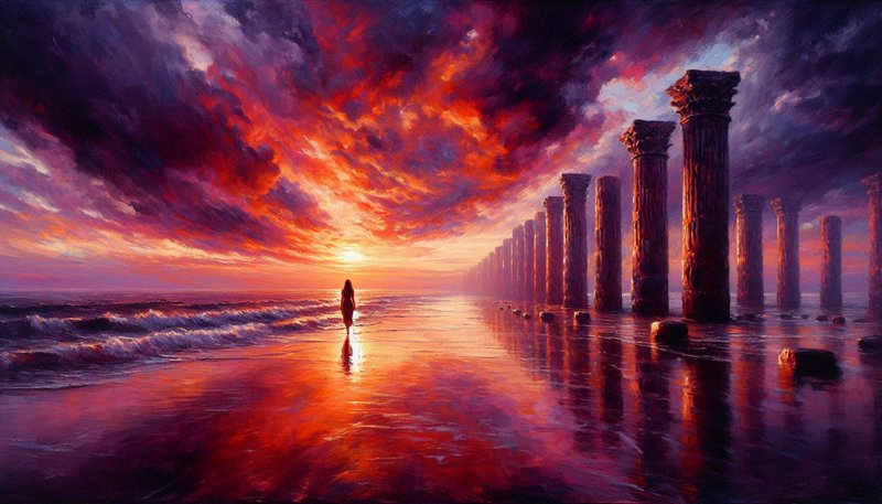 Silhouetted person walking along a reflective beach with ancient column ruins at sunset.