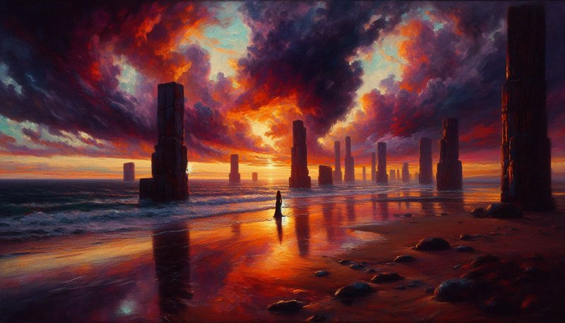 A lone figure on a reflective beach among towering sea pillars at sunset with a fiery orange-purple sky.