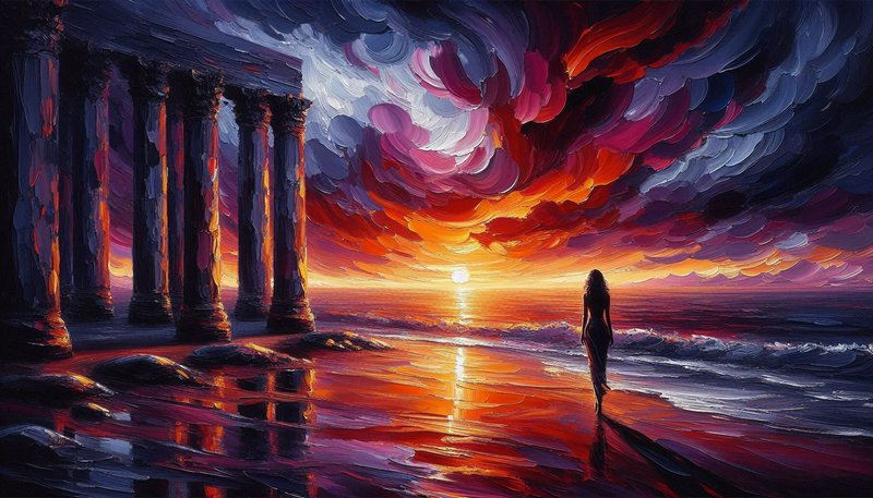Impressionist sunset over the ocean with ancient columns and a lone figure on the wet shore.