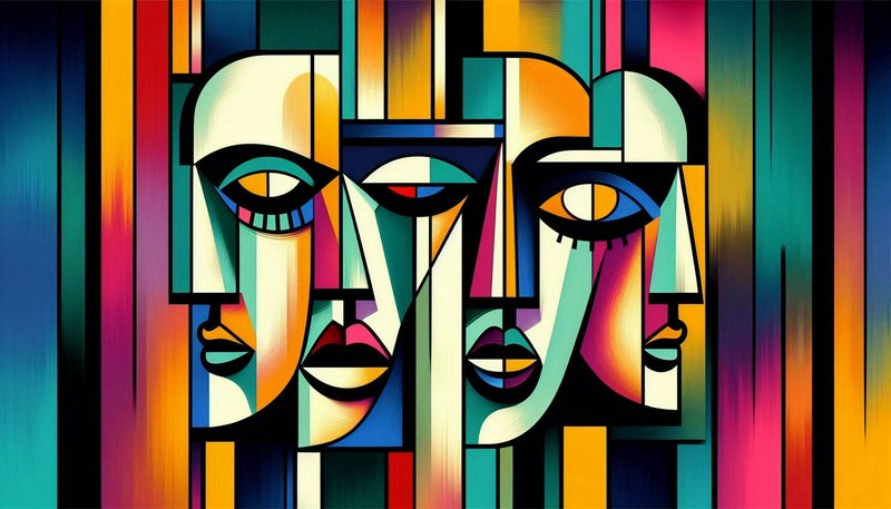 Vibrant cubist abstract artwork featuring four fragmented geometric human faces, rendered in bold bright jewel tones with ...