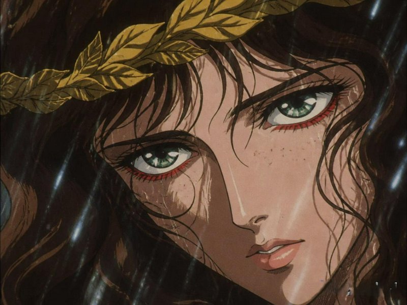 Close-up of vintage 1980s anime woman with golden laurel wreath, intense green eyes, rain streaks across her face.
