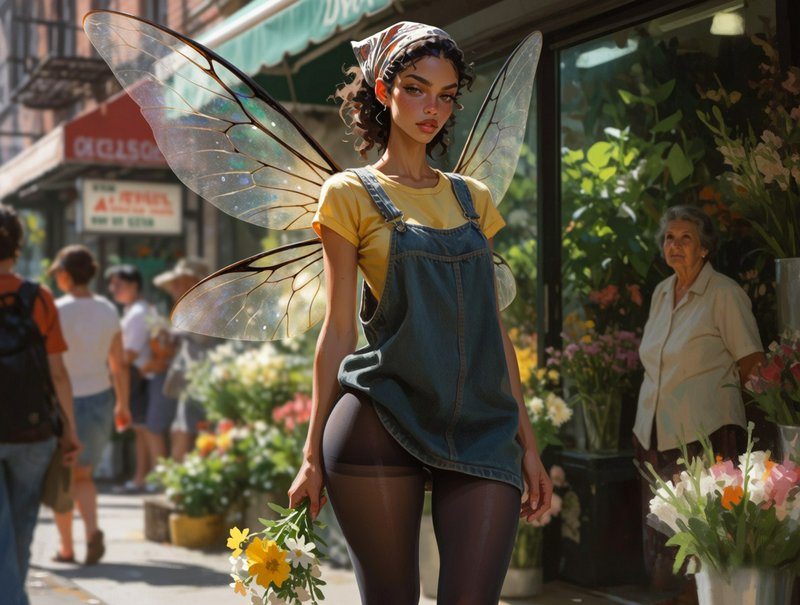 Modern fairy with translucent dragonfly wings holds a flower bouquet outside a sunlit city flower shop