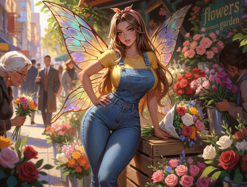 Modern fairy flower vendor with iridescent dragonfly wings leans on crates at a sunlit city street flower stall