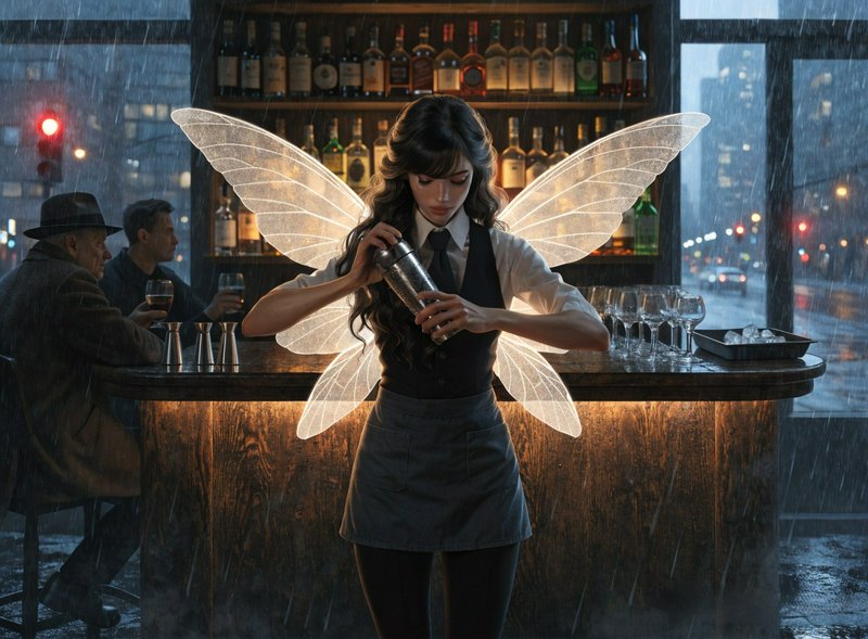 Fairy bartender with glowing translucent gossamer wings shakes a cocktail shaker at a rainy urban wood bar