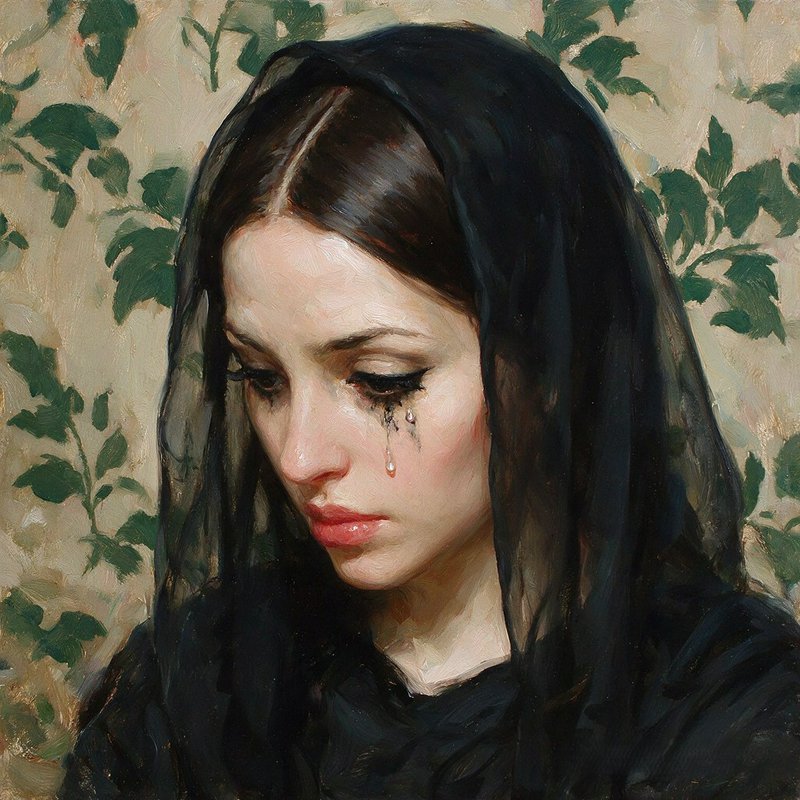 Oil portrait of a grieving woman in a black veil, smudged mascara running as tears fall, against leafy patterned wallpaper.