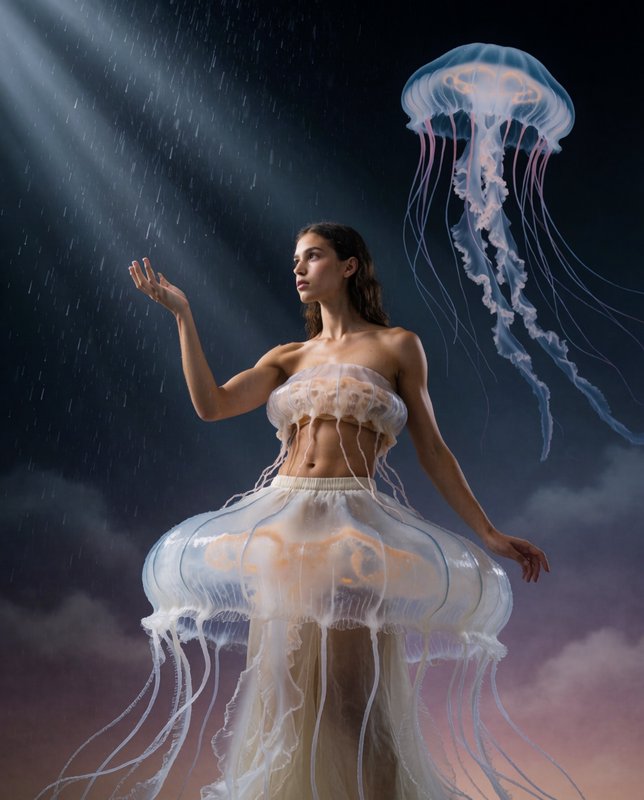 Surreal portrait of a model in translucent jellyfish fashion, standing beside a floating jellyfish under rainy dramatic