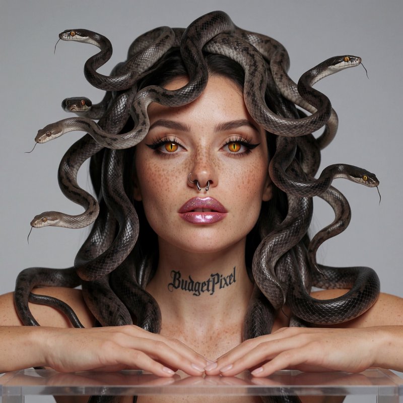 Photorealistic Medusa portrait with coiled grey snakes for hair, golden eyes, freckled skin, plain grey studio background