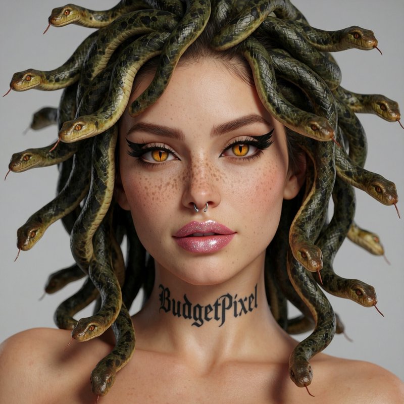Photorealistic Medusa portrait with coiled green snake hair, golden eyes, freckled skin, and neck tattoo on a plain
