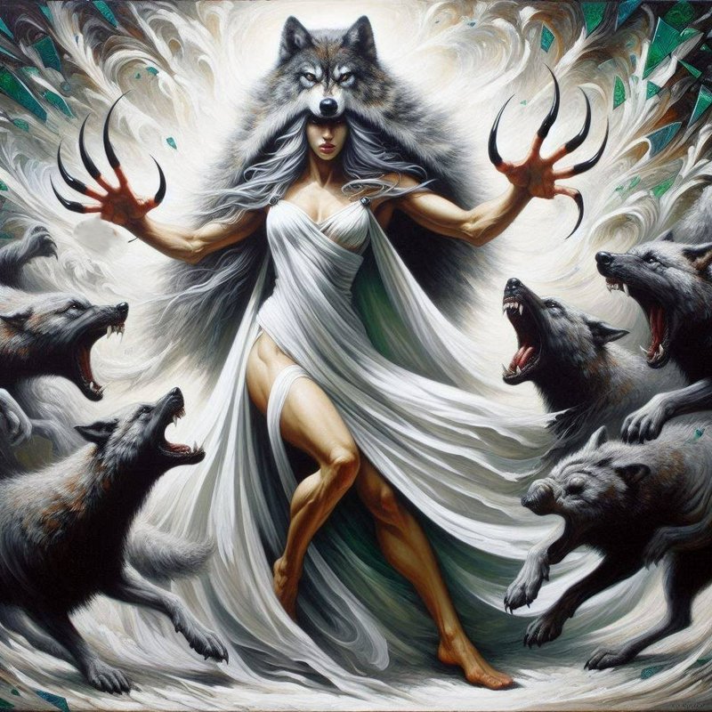 Surreal fantasy painting of a wolf goddess with clawed hands, wolf headdress, surrounded by a snarling gray wolf pack