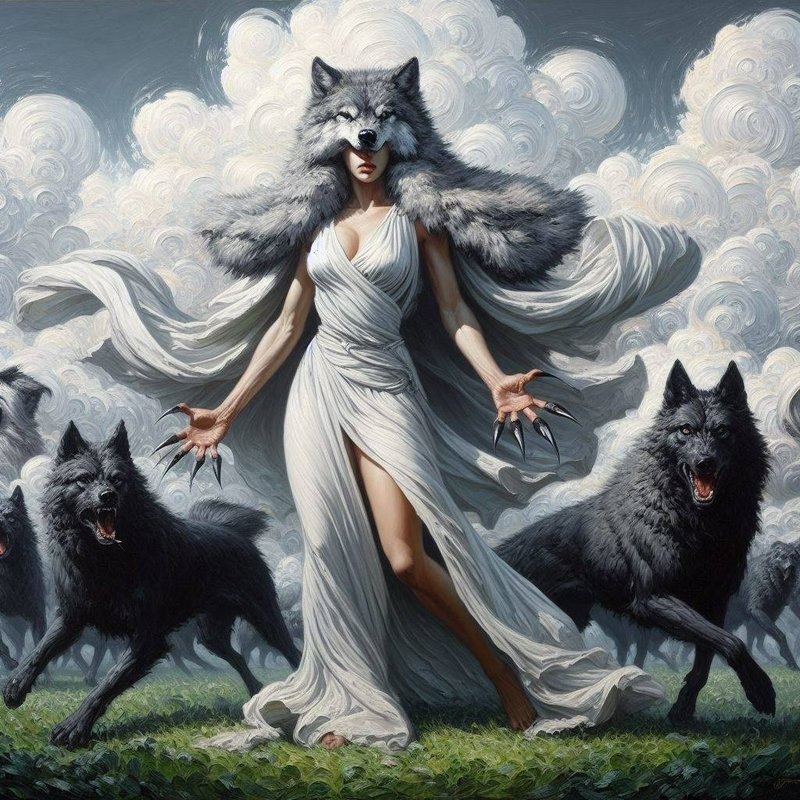 Fantasy wolf goddess with clawed hands and wolf pelt stands surrounded by a pack of black wolves under swirling cloudy