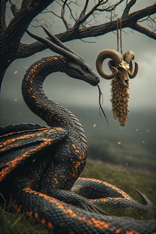 Black scaled dragon with orange markings facing a hanging golden ram skull amulet under a bare gnarled tree