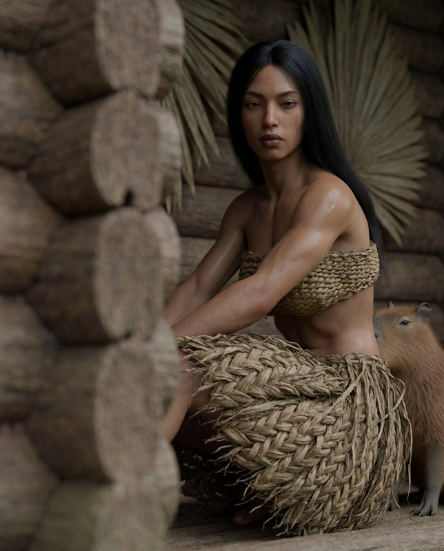 Seated indigenous woman in woven straw clothing rests beside a capybara inside a rustic log hut.