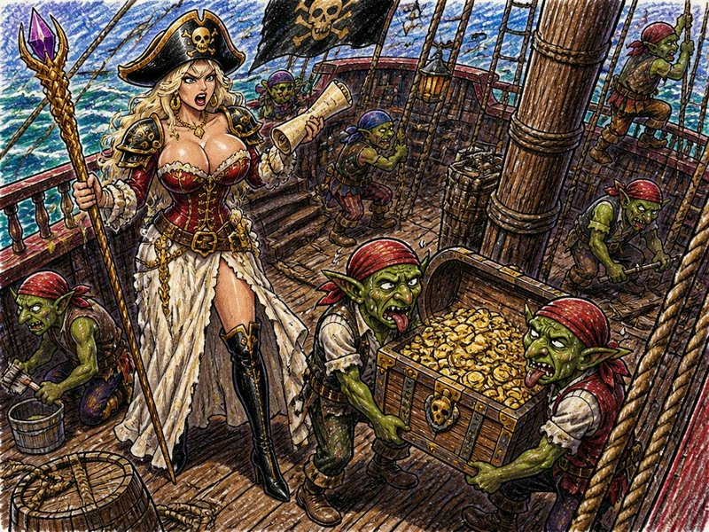 Fierce female pirate captain shouts orders as goblin crew carries overflowing gold treasure chest on a pirate ship deck.