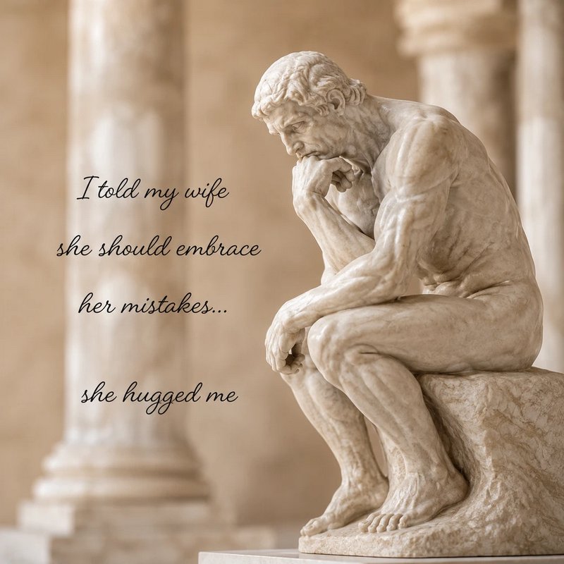 The Thinker marble statue meme with a silly pun joke: "I told my wife she should embrace her mistakes... she hugged me"