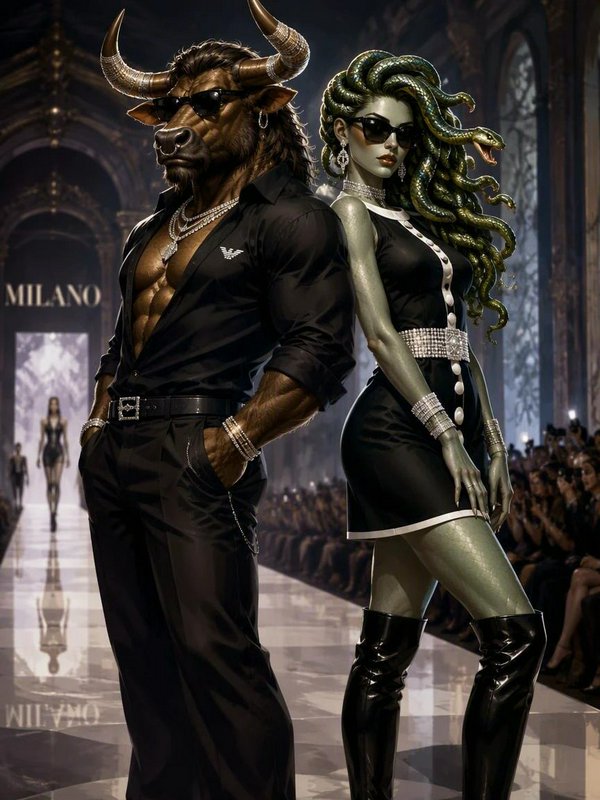Stylish anthropomorphic minotaur and glamorous Medusa pose confidently on a Milan fashion week runway