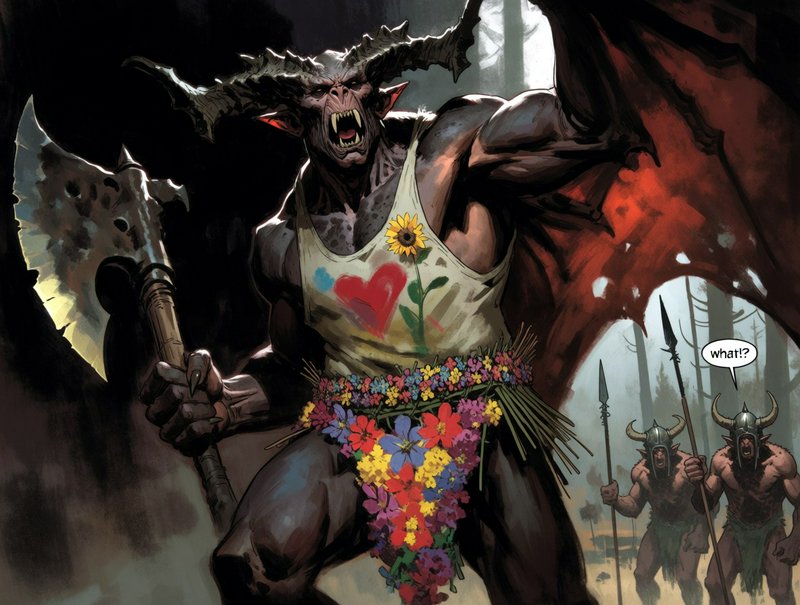 Menacing horned winged demon in a hand-painted floral tank top and flower skirt holds a battle axe, confusing his