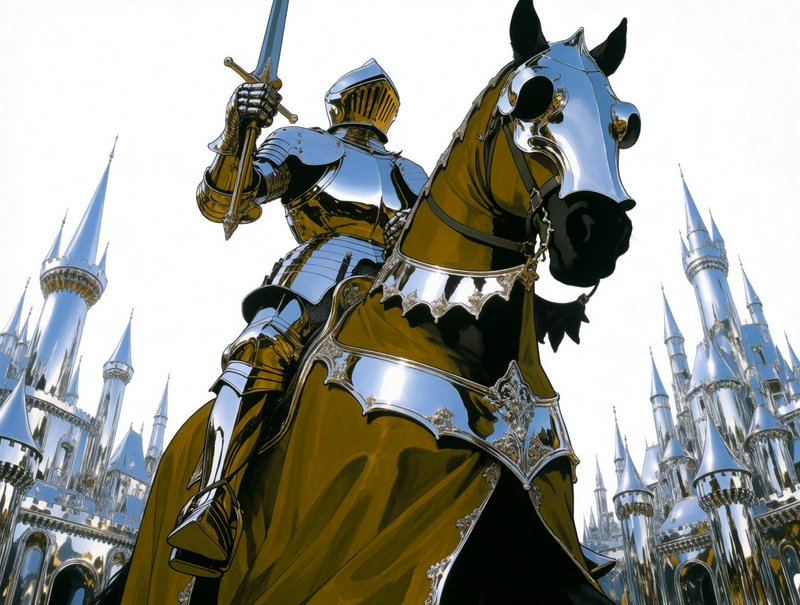 Low angle view of polished silver armored knight holding a raised sword atop an ornate warhorse, flanked by gleaming