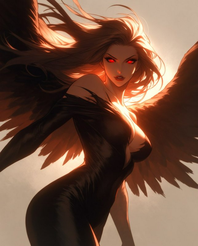 Backlit anime fallen angel woman with dark feathered wings, glowing red eyes, long flowing hair and sleek black dress