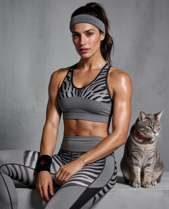 Toned post-workout woman in zebra print activewear sits beside a grey tabby cat on a minimalist concrete studio ledge