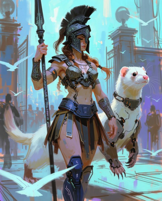 Cyberpunk Spartan female warrior with an energy spear stands beside a giant cybernetically enhanced white ferret in a
