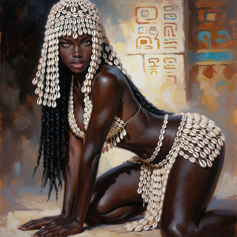 Oil painting of a regal Black woman in intricate cowrie shell regalia, kneeling before a hieroglyph-adorned wall