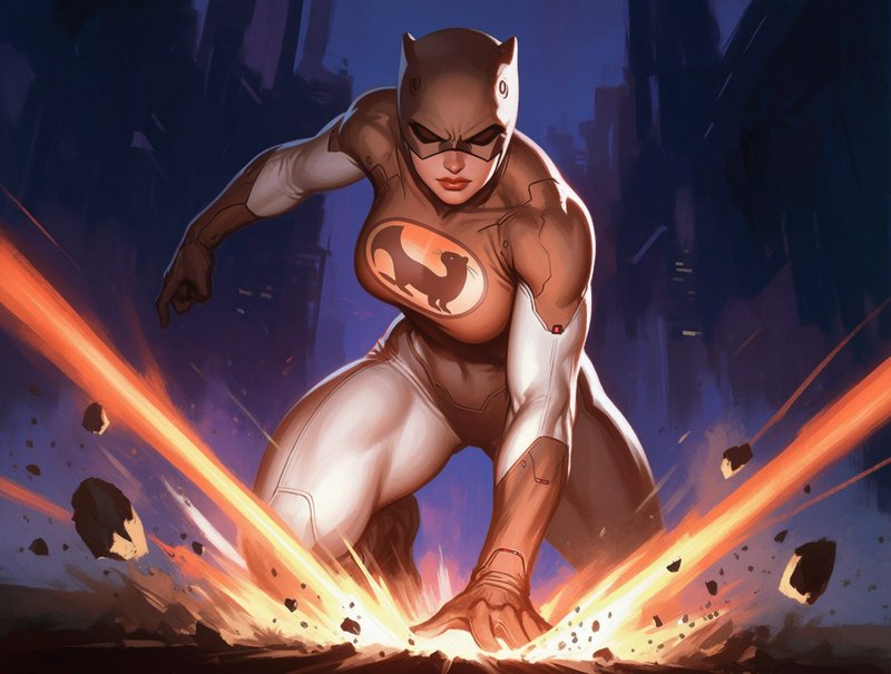 Masked weasel-themed superheroine lands with explosive glowing impact against a dark night city skyline