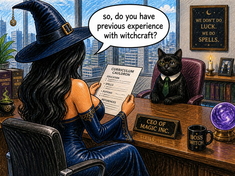 Comic illustration of a witch interviewing for a job with a formally dressed black cat CEO at Magic Inc corporate office