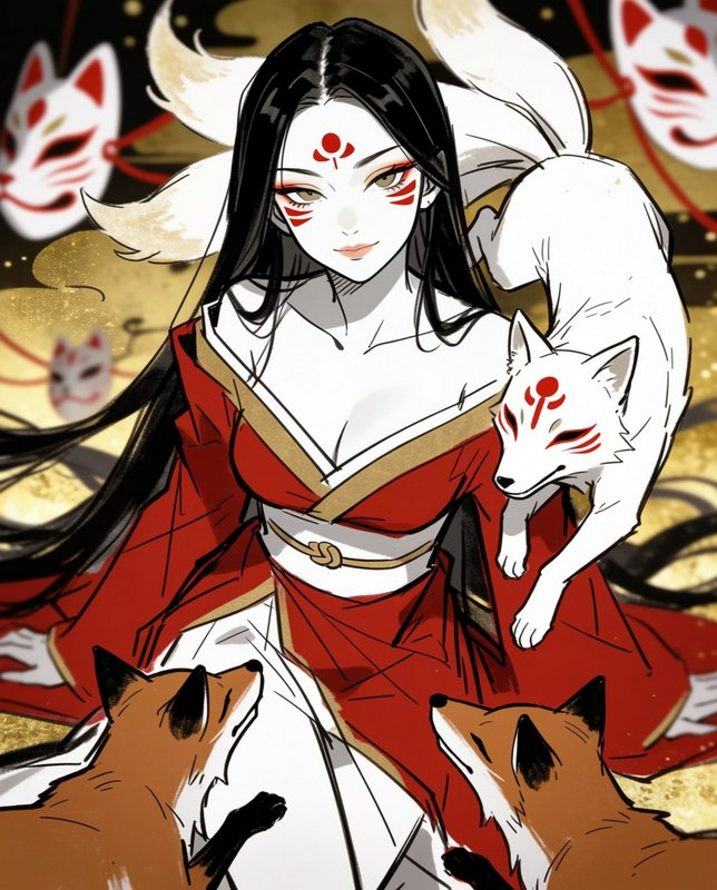 Anime kitsune spirit woman in red kimono, surrounded by fox familiars, with hanging fox masks on a gilded background.