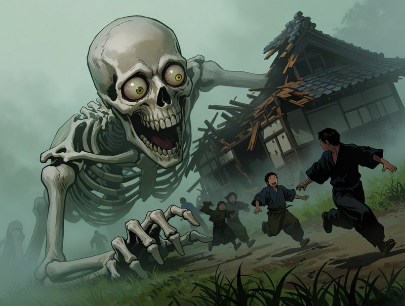 Giant menacing skeletal yokai smashes a traditional Japanese home as terrified villagers flee a fog-shrouded village