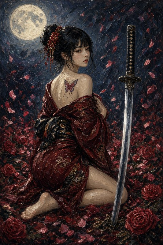 Impressionist impasto portrait of a geisha with a butterfly tattoo, kneeling among red roses beside a katana under a