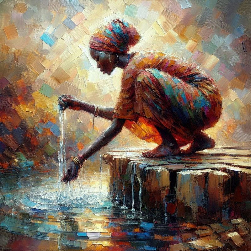 Impasto oil painting of a Black woman in vibrant traditional dress, crouched as she gathers water from a sunlit