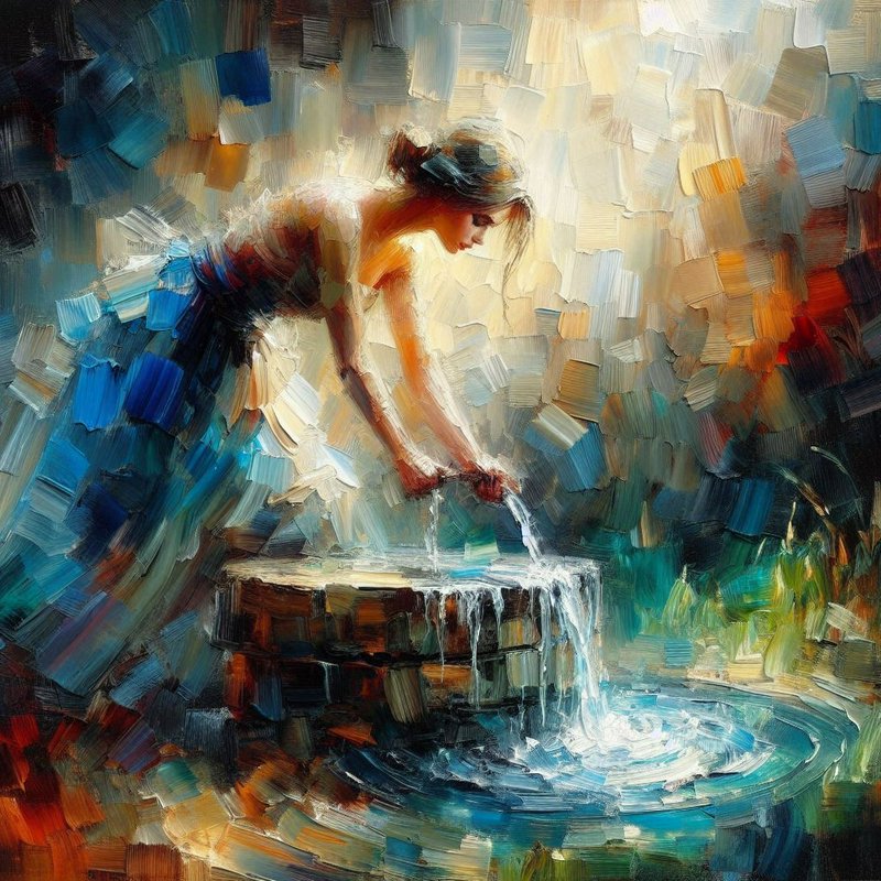 Impressionist impasto painting of a woman washing her hands at a flowing stone water fountain.