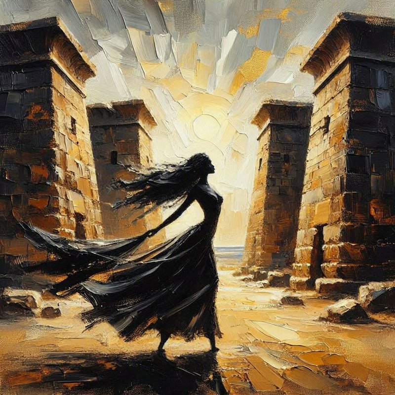 Textured impasto oil painting of a silhouetted woman in a flowing black dress standing between ancient stone gate