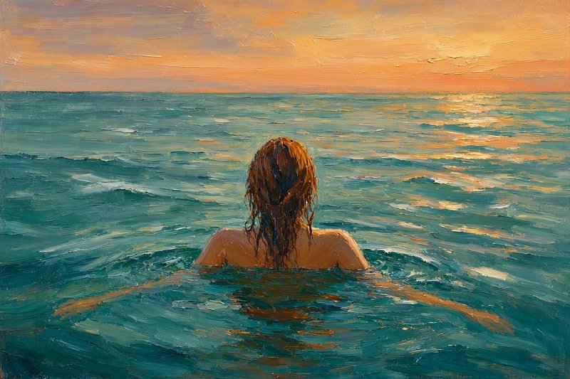 Impressionist impasto oil painting of a woman swimming in turquoise ocean, gazing out at a warm golden sunset over the sea.