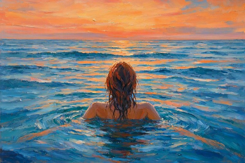 Impressionist impasto painting of a woman floating in the ocean, looking out at a vibrant orange sunset over rippling