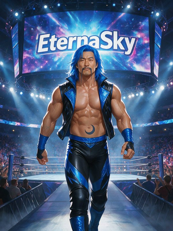 Muscular blue-haired professional wrestler walks down arena entrance ramp under EternaSky event jumbotron