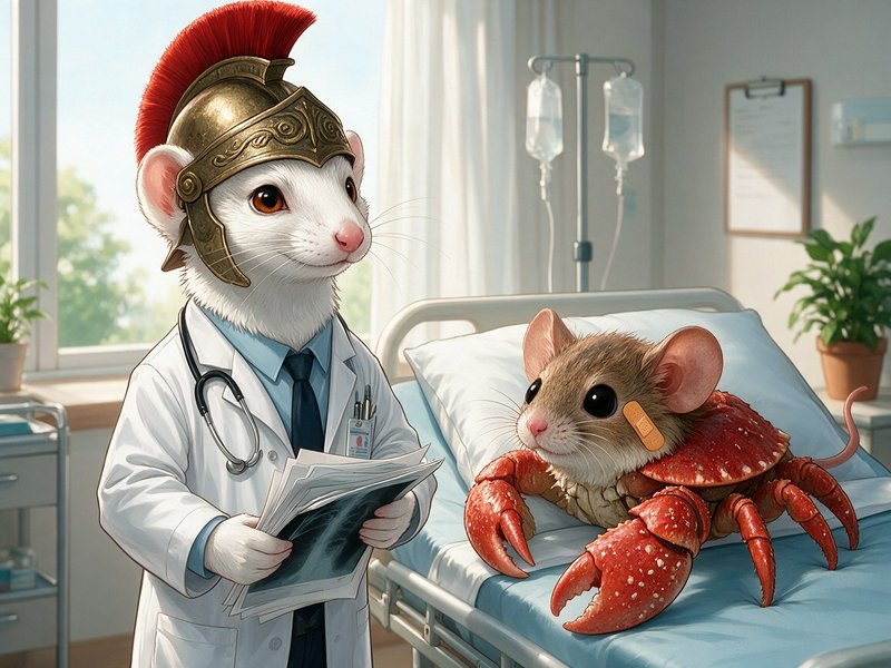 Anthropomorphic mouse doctor in a Roman helmet visits a mouse-crab hybrid patient in a sunlit hospital room