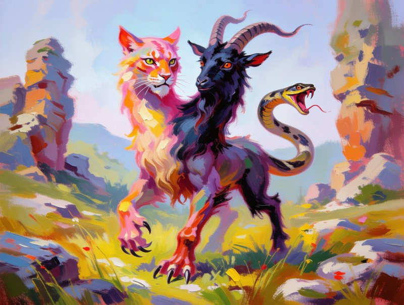 Vibrant painterly chimera hybrid creature with lion, goat, snake parts stands in a sunlit rocky fantasy landscape.