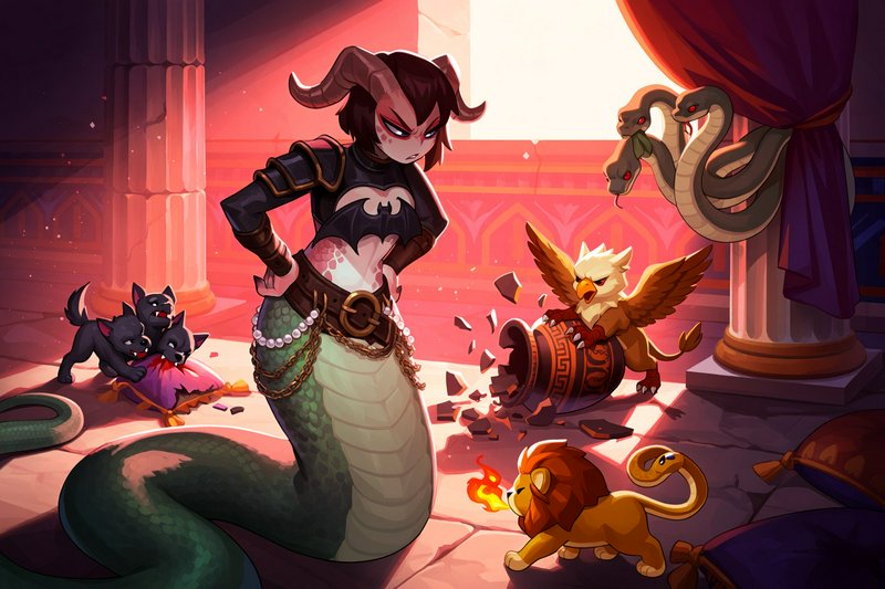 Angry horned lamia caretaker stands hands on hips glowering at misbehaving mythical pets making a mess in a sunlit