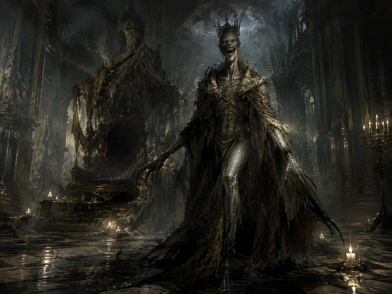 Grinning skeletal lich king wearing a tattered crown stands in a flooded, crumbling gothic throne room surrounded by