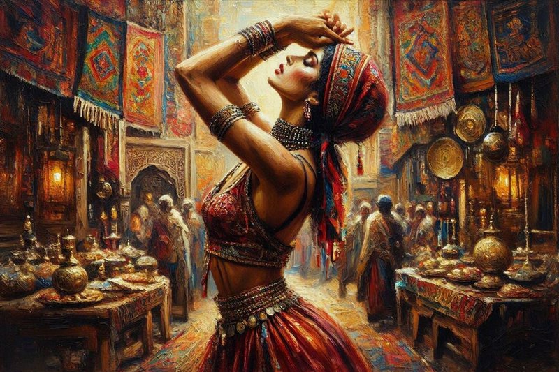 Impressionist oil painting of a traditional belly dancer performing in a vibrant, bustling oriental bazaar market