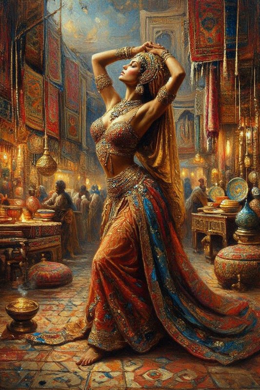 Impressionistic oil painting of a bejeweled belly dancer posing with arms raised in a bustling ornate Middle Eastern bazaar.