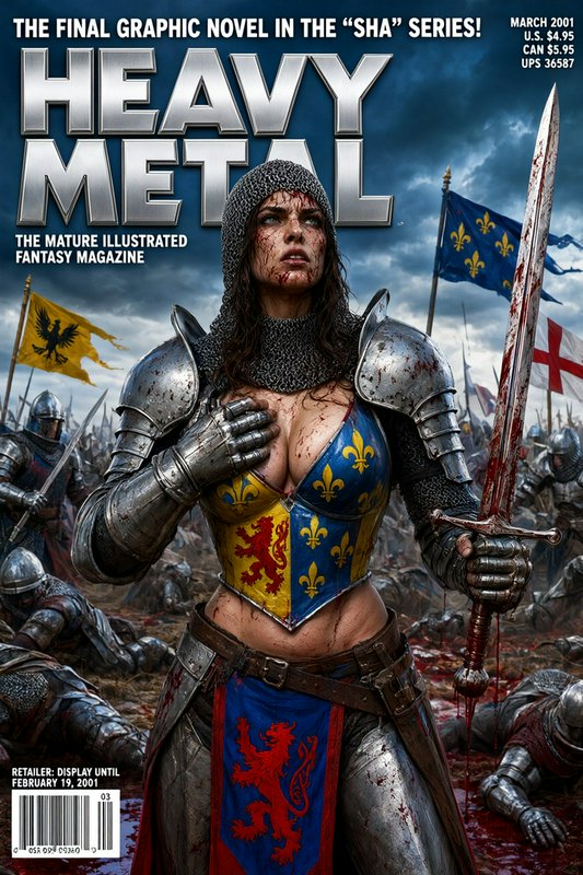 Heavy Metal magazine cover showing a bloodied female medieval knight standing on a stormy battlefield.