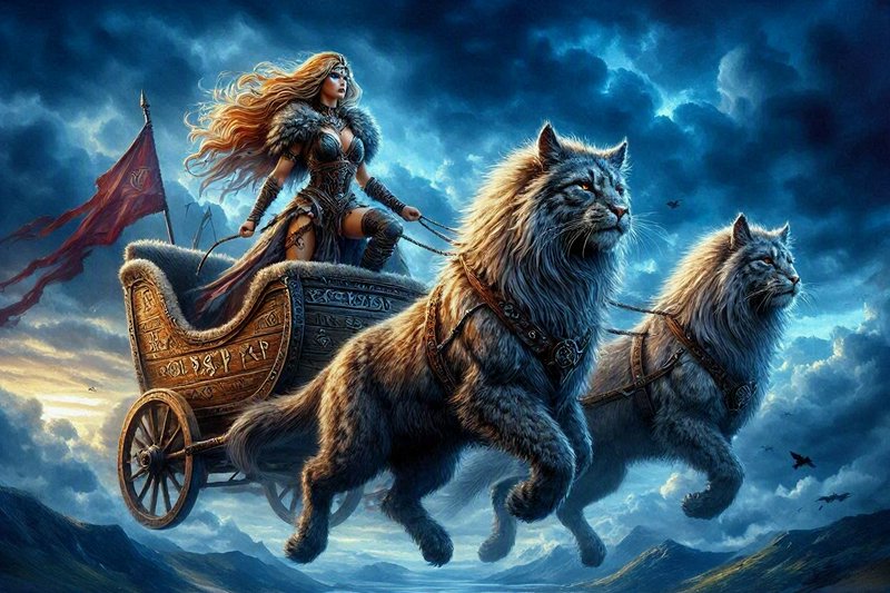 Norse goddess Freyja stands in a rune-carved flying chariot pulled by two giant long-haired cats soaring above a