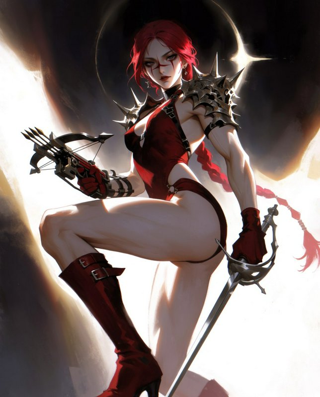 [Fierce red-haired fantasy female warrior holding crossbow and rapier, wearing spiked armor, against a glowing eclipse bac...